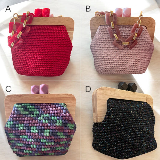 Set di borse all’uncinetto – borsa con chiusura in legno glitterata, clutch bag rossa, marshmallow bag – cotone riciclato