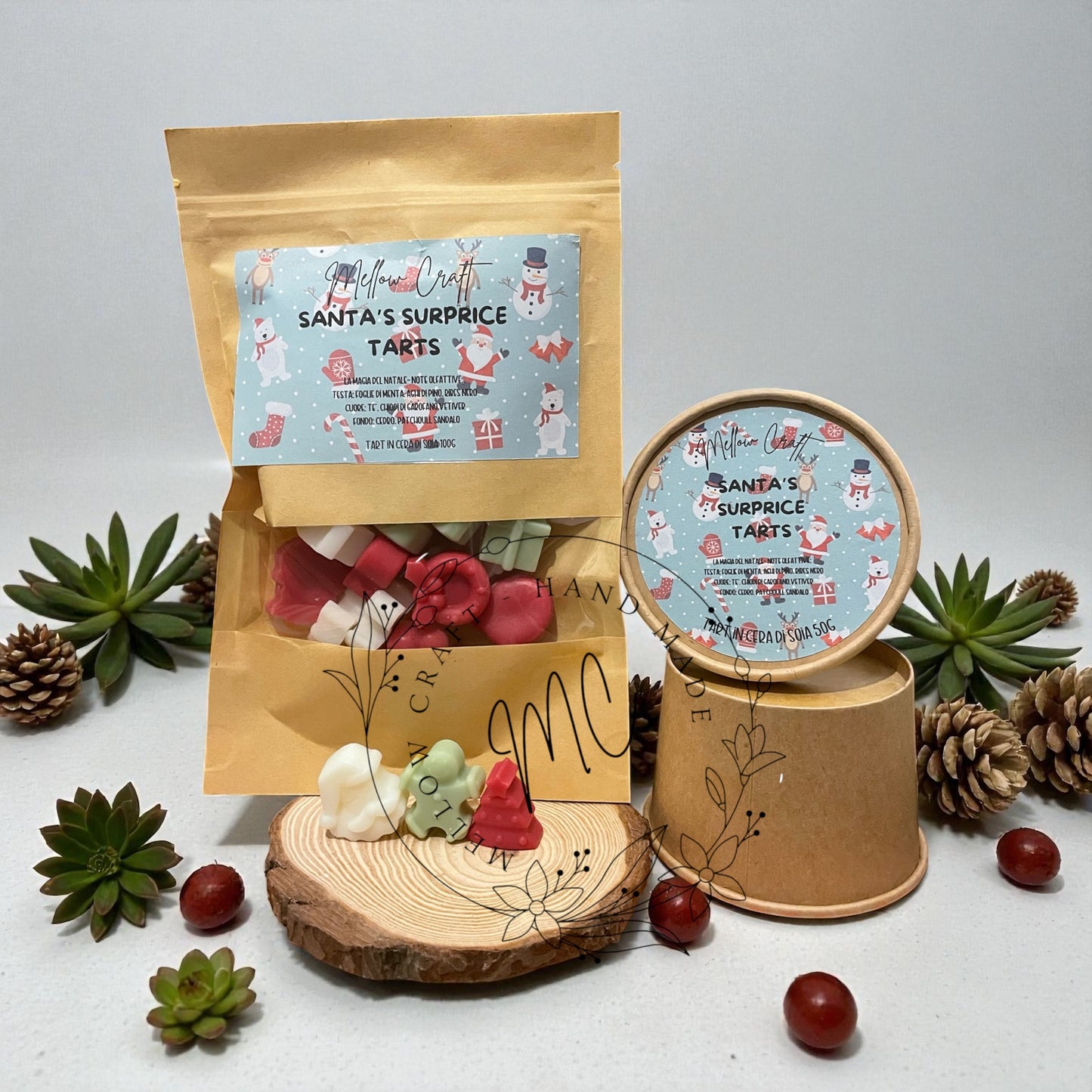 Collezione Natale 2025 – Set Artigianale con Candele, Contenitori in Gesso Naturale e Tart Profumate Personalizzabili.